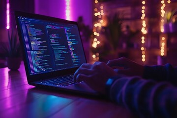 Programmer Working on a Laptop with Code on the Screen in a Purple Lit Room - Photo