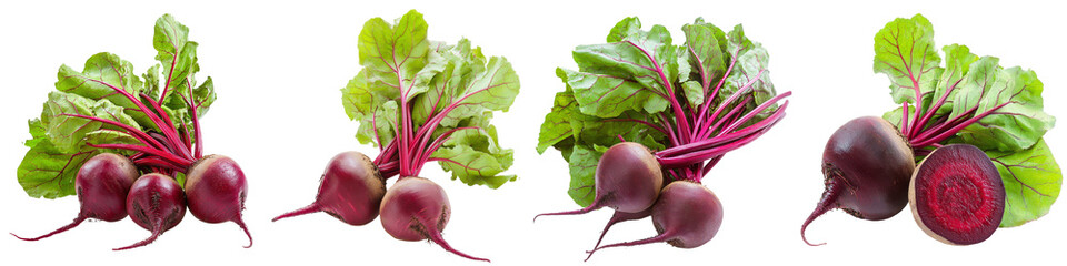 One fresh red beet with leaves and a half isolated on white