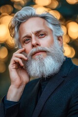 Wall Mural - Stylish mature man with grey hair and beard is touching his beard with his hand