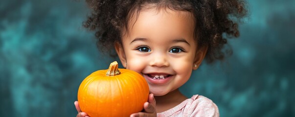 Cute little girl holds a tiny pumpkin and smiles against a teal backdrop