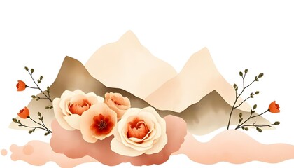 Wall Mural - Watercolor surreal landscape with abstract mountains in shades of orange, red, and gray. The mountains have a textured, layered appearance, creating a dreamlike and atmospheric scene. 