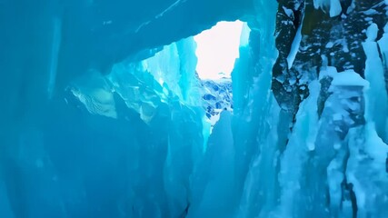 Poster - A breathtaking view inside a vibrant blue ice cave, perfect for winter wonderland concepts and illustrating the beauty of nature during Christmas and New Year's holidays