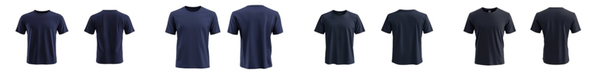 This is a blank navy blue t-shirt template with a front and back view on a white background. This is a blank t-shirt template. It is a navy blue t-shirt set isolated in a mock up.