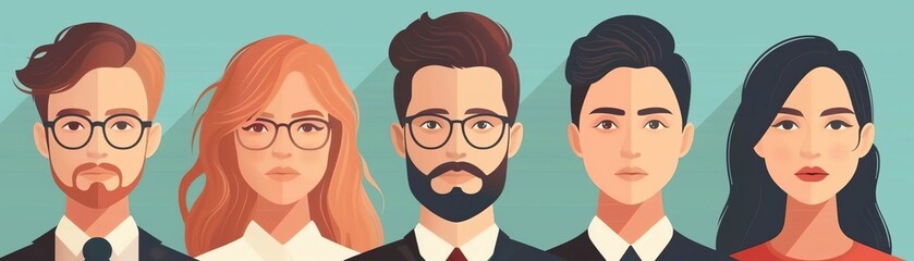 Illustration of diverse professional avatars featuring five individuals with glasses, depicted in a modern flat design style.