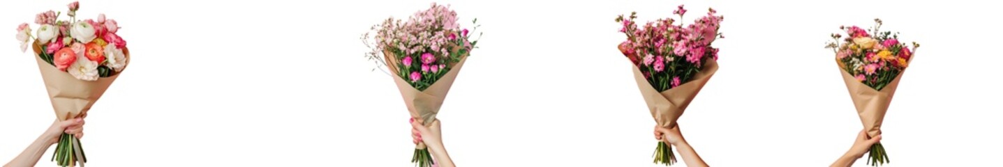 Aufkleber - Cropped portrait of man holding valentine's bouquet to girlfriend isolated on a pink color background