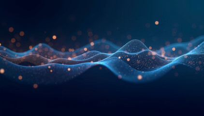 Wall Mural - a digital illustration of glowing, undulating waves with particles on a dark background, suggesting 