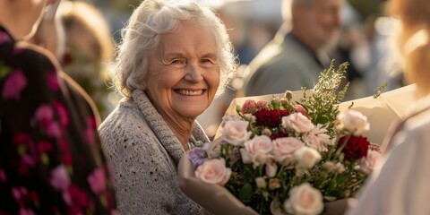 A woman with a bouquet of flowers is smiling. She is surrounded by other people, some of whom are also smiling. Concept of happiness and warmth, as the woman