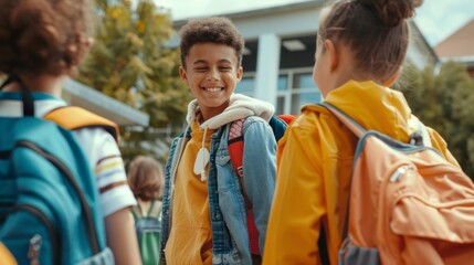 Wall Mural - A group of children are smiling and standing outside of a school building