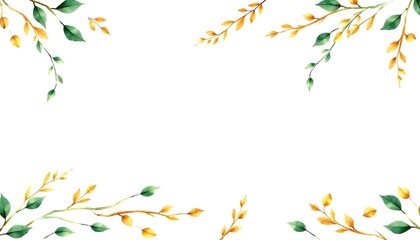 Wall Mural - Delicate branches with soft yellow flowers and green leaves framing a white background