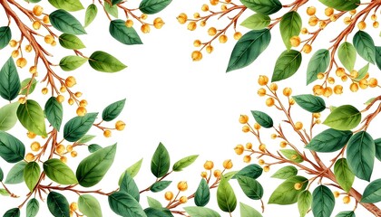 Canvas Print - Delicate branches with soft yellow flowers and green leaves framing a white background