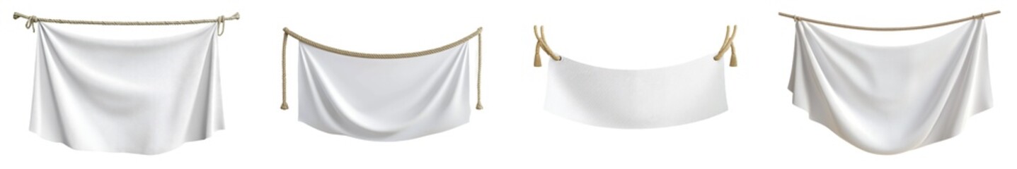 Poster - A mock up of an empty white banner with rope folds isolated on a light gray background.