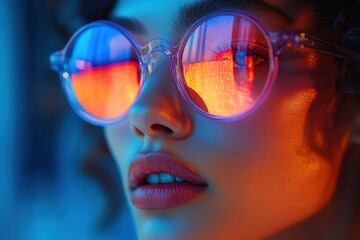 avantgarde portrait of a fashion model wearing kaleidoscopic sunglasses reflecting a vibrant abstract cityscape hair styled into gravitydefying geometric shapes