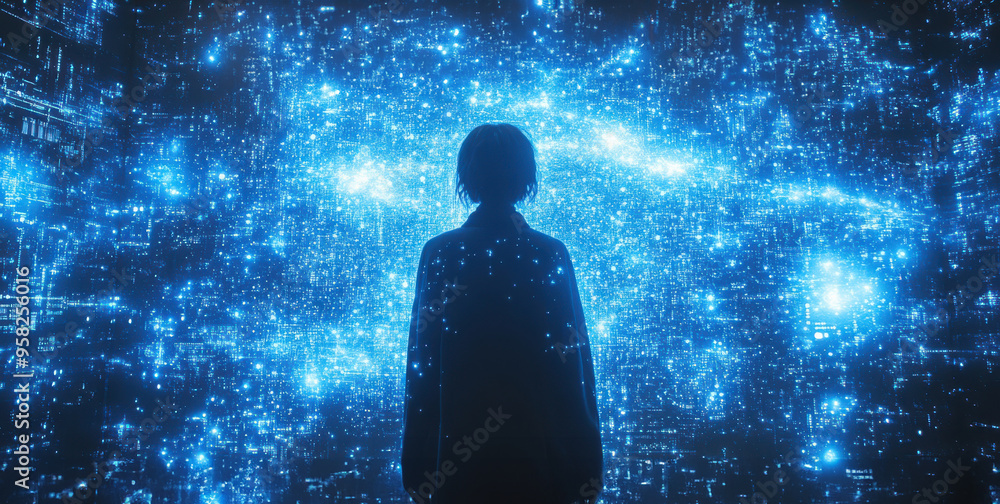 Silhouette of a person standing in front of a massive futuristic blue ...