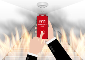 911 Emergency Call for Fire Truck about Burning House and Burning Building. Hand Holding Smartphone with 911 Emergency Call. Vector Illustration. 