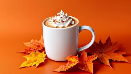 Poster - A white mug filled with pumpkin spice latte topped with whipped cream, surrounded by autumn leaves on an orange background, perfect for Thanksgiving and fall-themed imagery