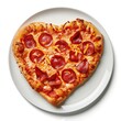 © ANILCHANDRO - Love shape Pizza  with tomato sauce, cheese, pepperoni, on a white plate, top view isolated on a white background