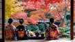 © Nuttaya Nampai - A traditional Japanese tea ceremony taking place in a Tokyo garden surrounded by vibrant autumn leaves. Participants wear colorful kimonos reflecting the season