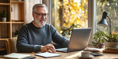A man is sitting at a desk with a laptop and a potted plant. He is smiling and he is enjoying himself