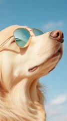 Golden retriever with sunglasses under the clear sky