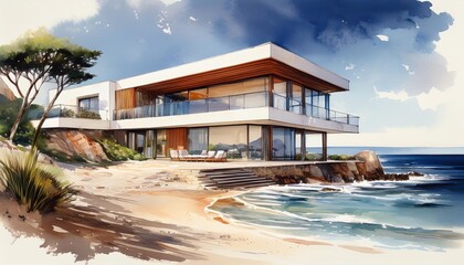 watercolor painting of a modern house by a European beach. The house has a sleek