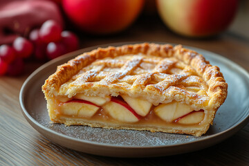 A delightful homemade apple pie served on a rustic wooden table surrounded by fresh apples and a touch of greenery