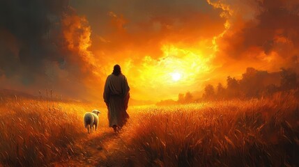 spiritual allegory painting jesus walking with lamb through golden wheat field at sunset warm ethereal light symbolic imagery peaceful atmosphere embodying divine guidance and protection