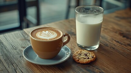 An inviting coffee shop scene with a beautifully crafted latte, a cookie on a small plate, and a glass of milk, all set on a textured wooden tabletop