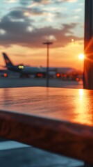 Poster - Close-up of an empty table  in an airport background for product display presentation template design