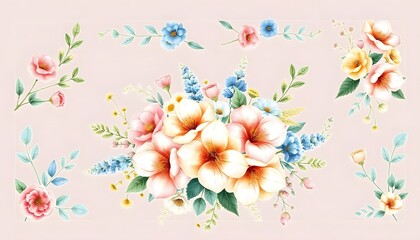 Wall Mural - Colorful set of floral bouquets with pink, yellow, and blue flowers against a white background