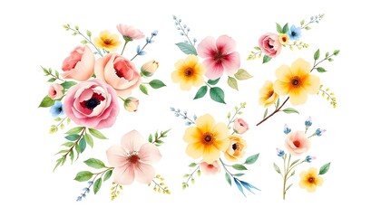 Canvas Print - Colorful set of floral bouquets with pink, yellow, and blue flowers against a white background