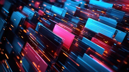 Abstract network grid with files and folders, futuristic software interface, digital document management system, store, search and organize documents, corporate business, paperless office	
