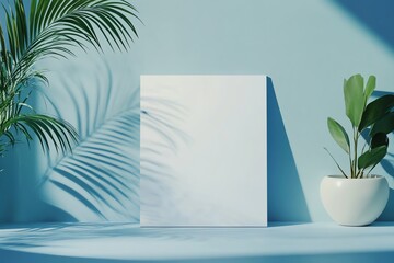 Wall Mural - Minimalist Mockup with White Blank Canvas, Palm Leaves, and Potted Plant