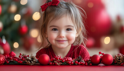 A happy child with festive table decorations, surrounded by red ornaments and pine cones, radiates joy during holiday season.