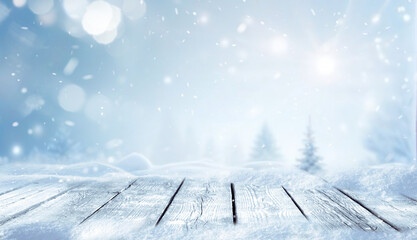Aufkleber - Winter christmas scenic landscape with wooden flooring strewn with snow in forest  in background blurred fir-trees covered with snow on nature.