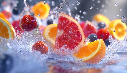 Citrus Fruit and Berries Splashing in Water