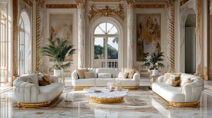 Wall Mural - Luxurious Living Room with White Sofas and Gold Accents