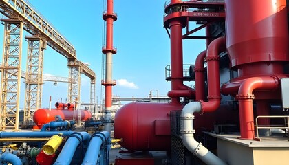 Large red industrial machinery with pipes and valves on a platform