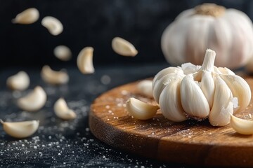 Wall Mural - Fresh Organic Garlic Cloves on Rustic Wooden Cutting Board, Ingredient for Healthy Cooking