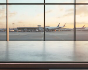 Poster - Close-up of an empty table  in an airport background for product display presentation template design