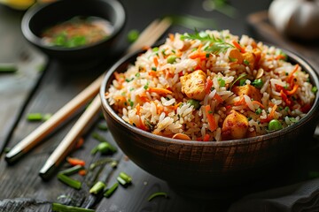 Spicy Szechuan paneer fried rice eaten with chopsticks