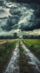 Wall Mural - A stormy sky with a road in the middle of a field