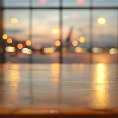 Poster - Close-up of an empty table  in an airport background for product display presentation template design