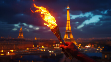 Burning torch in a hand of athlete as a symbol of the Olympic Games in Paris, France, Eiffel tower on background. Olympic games 2024 flame in Paris