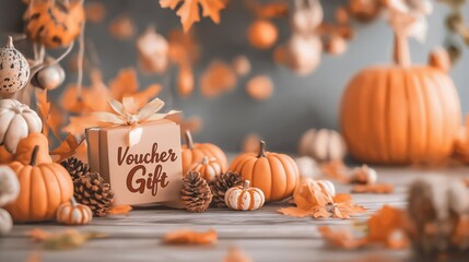 Canvas Print - Gift voucher surrounded by pumpkins and leaves, festive seasonal autumn concept.