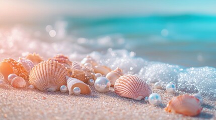 Wall Mural - Tranquil beachside treasures with shells pearls in sunlight