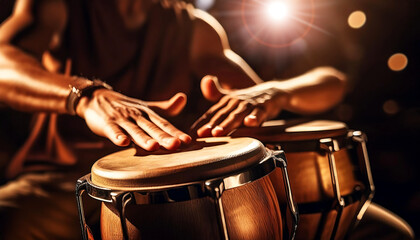 Extreme close-up of the expert hands of a percussionist while playing wooden bongos. Percussion instrument. Generative Ai.