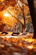 © Premium_art - Group of yoga class in a park with autumn leaves, serene and tranquil atmosphere.