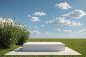 Natural podium backdrop for product display with sky background, Blank showcase mockup with natural environment, 3d, Cosmetics or beauty promotion, Nature pedestal with grass, plants, bushes