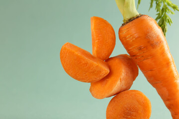 Whole and cut fresh carrots on green background, closeup. Space for text