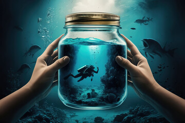 Poster - Glass jar in hands. Scuba diver and tropical fish are swimming in the jar